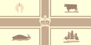 beige flag divided into quadrants by a darker beige cross, with darker beige symbols in center and in each of the four quadrants