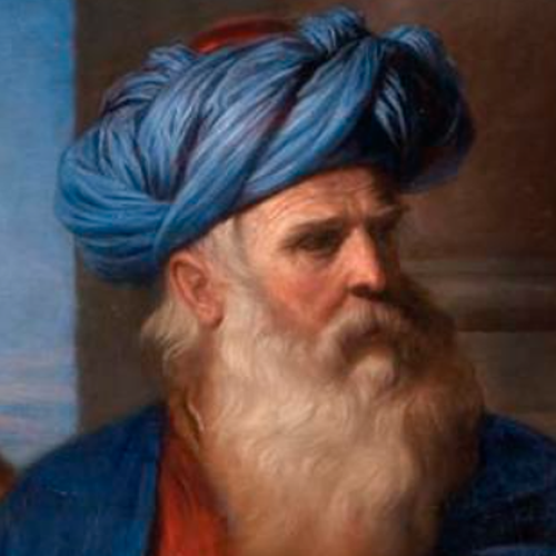 A painting of a man with light brown skin and a large white beard and mustache, wearing a blue turban