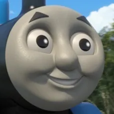 A 3D-modeled train with a gray head, a human face, and a blue body