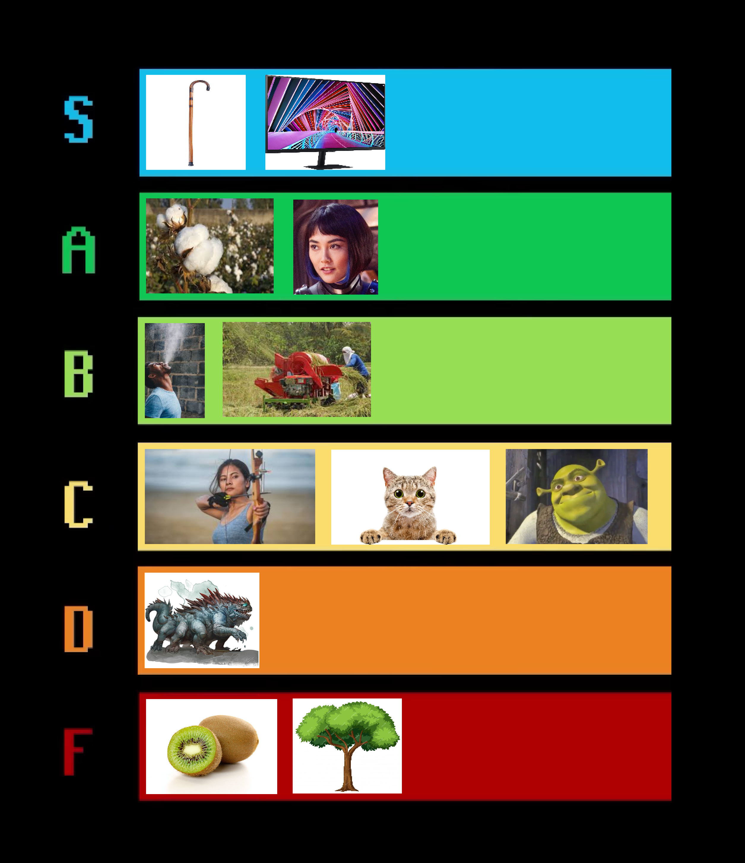 A tier list. In S tier: a wooden stick, whose top end curves downward to form a handle, and whose bottom end has a black cap; a screen displaying a colorful fractal image. In A tier: a field of plants with white fluffy balls growing on them; a woman with straight dark hair in a bob, dyed blue at the front ends, wearing a suit of armor. In B tier: a man with his head tilted back, spewing a white mist out of his mouth; a red machine that takes in plant stalks on one end and spews them out the other at high speed, and a worker wearing a blue shirt, with a white cloth tied around their face and head, feeding the plant stalks into the machine. In C tier: a woman holding a bow in one hand and using the other to draw an arrow to her cheek; a light brown animal with whiskers, triangular ears, and large green eyes; a green humanoid creature wearing a brown vest. In D tier: a blue-gray monster with red spines along its back and tail, bright blue eyes, and eight legs ending in claws. In F tier: a round fuzzy brown fruit whose inside has a white center, surrounded by a ring of black seeds embedded in green flesh; a tall plant with brown bark and some branches with green leaves at the top.